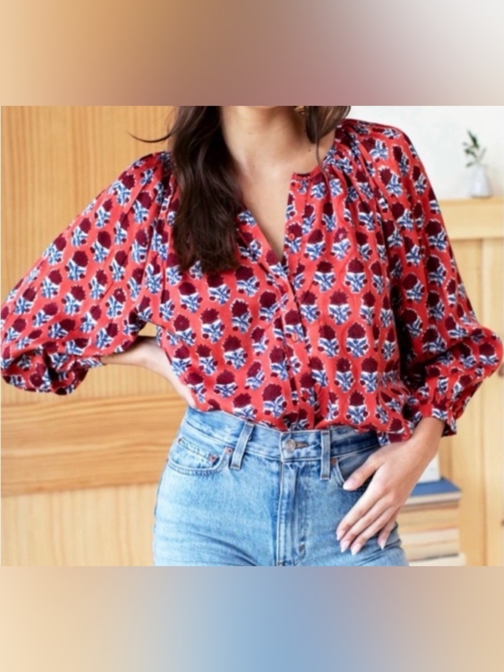 Emerson fry India collection Frances  Carmen floral block print blouse XS